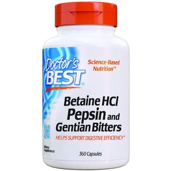 Бетаїну гідрохлорид Doctor's Best Betaine HCL, Pepsin and Gentian Bitters 360 Caps (DRB-00315)