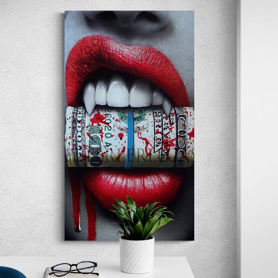 Картина на холсте HolstPrint Красные губы и деньги 40х120 см (RK0017)