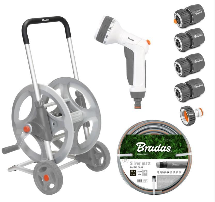 Тележка металлическая со шлангом Bradas W Line 1/2" 30 м и аксессуарами комплект для полива SILVER PRO SET White (WL-AG33330SET1)