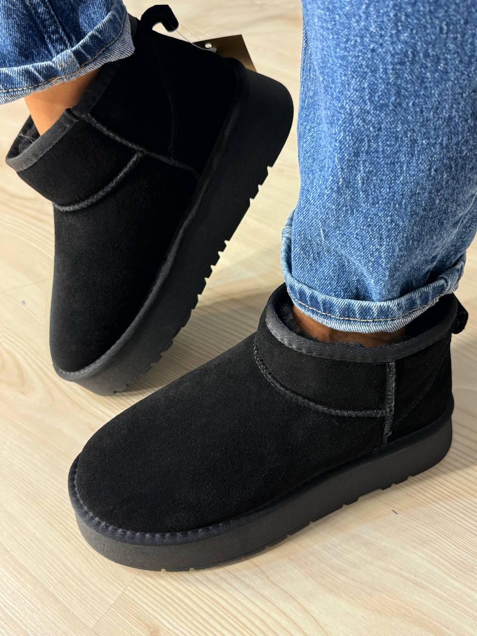 Угги женские Hengji 25-1 натуральная замша короткие на высокой подошве р. 37 Черный (5101) - фото 2
