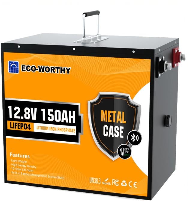 Аккумулятор универсальный Eco-Worthy LiFePO4 12V 150 Ah 1920Wh с функцией Bluetooth и встроенным BMS (001203) Аккумулятор универсальный Eco-Worthy LiFePO4 12V 150 Ah 1920Wh с функцией Bluetooth и встроенным BMS (001203)