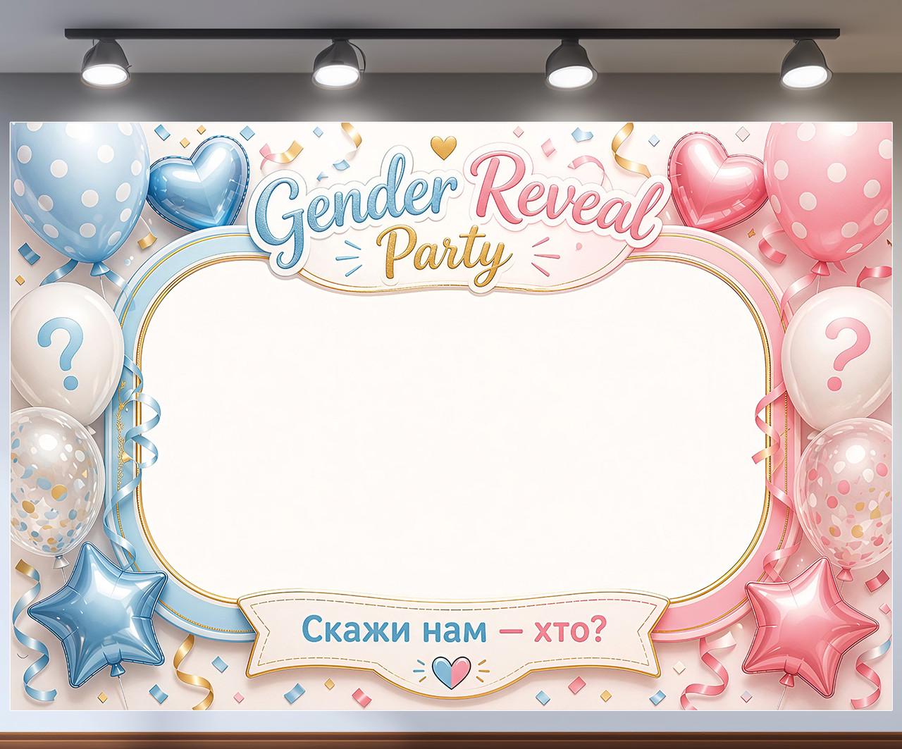 Баннер фотозона Gender Reveal Party Скажи нам кто рамка с шариками и сердцами 300x200см, №48817 Баннер фотозона Gender Reveal Party Скажи нам кто рамка с шариками и сердцами 300x200см, №48817