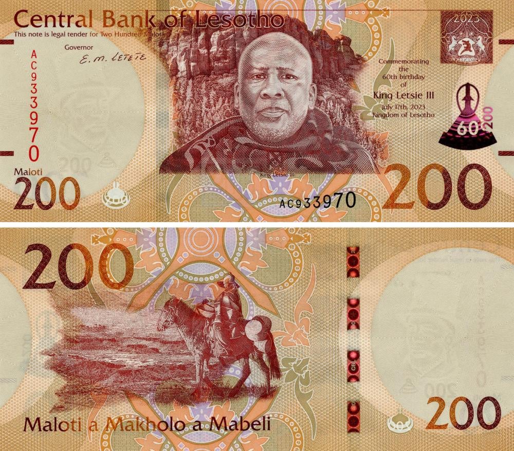 Коллекционная банкнота Лесото 200 малоти 2023 UNC памятная (Б18296) Коллекционная банкнота Лесото 200 малоти 2023 UNC памятная (Б18296)