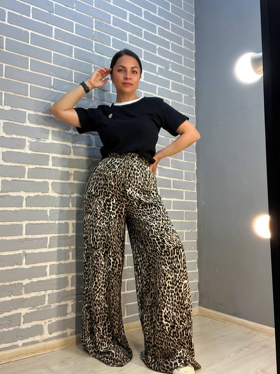 Брюки женские Irel 2080 пояс резинка леопардовый принт широкие палаццо OS Темно-коричневый (2104) - фото 2 Брюки женские Irel 2080 пояс резинка леопардовый принт широкие палаццо OS Темно-коричневый (2104) - фото 2