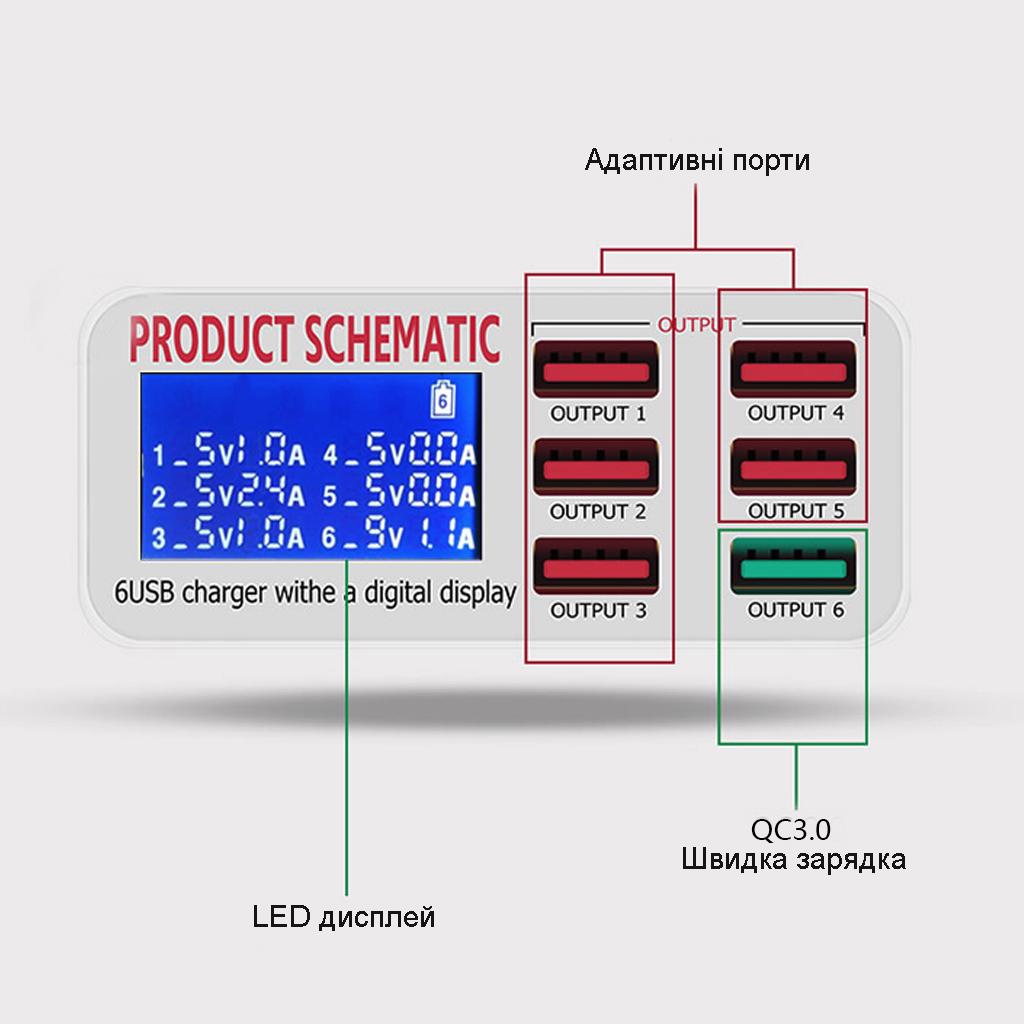 Зарядная станция на 6 USB портов Digital Lion MCS-06 c дисплеем 40W - фото 8