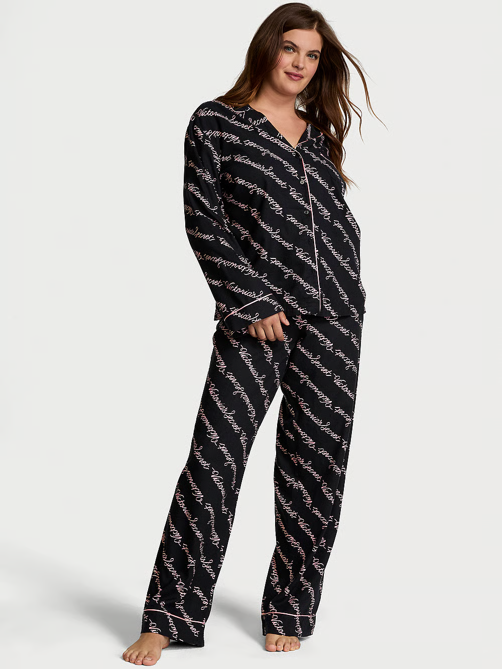 Піжама жіноча Victoria's Secret Flannel Long Pajama Set фланелева L Чорний (21973097)