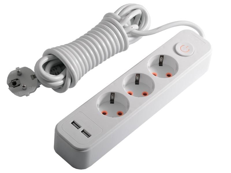 Удлинитель с заземлением Lemanso LMK71007 с выключателем 3 розетки 5м 2×USB 2100mA 3x1.0мм 3500W