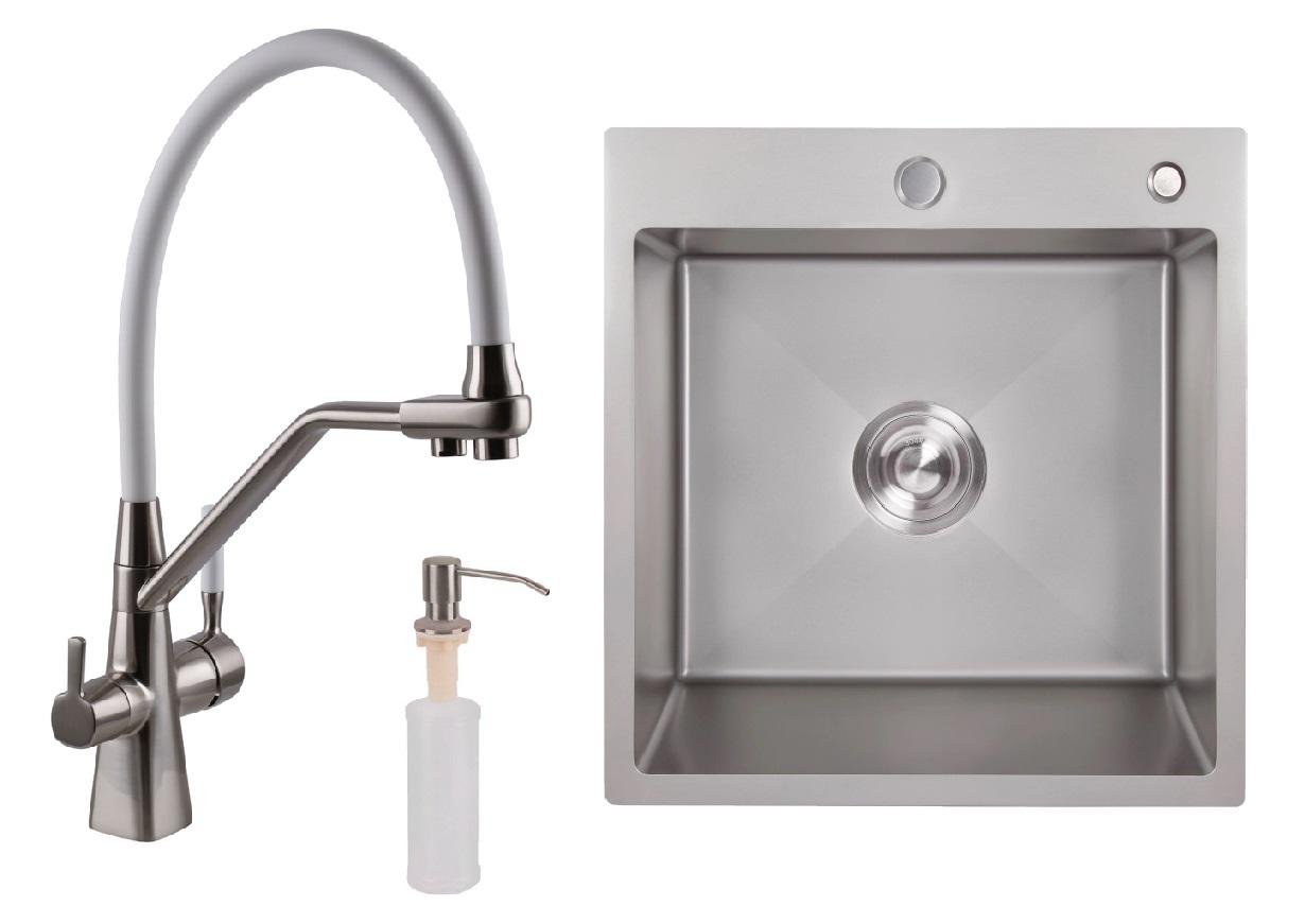 Мийка для кухні з нержавіючої сталі 50/50 Lidz із змішувачем під фільтр/осмос та дозатором Сатин/Білий Мийка для кухні з нержавіючої сталі 50/50 Lidz із змішувачем під фільтр/осмос та дозатором Сатин/Білий