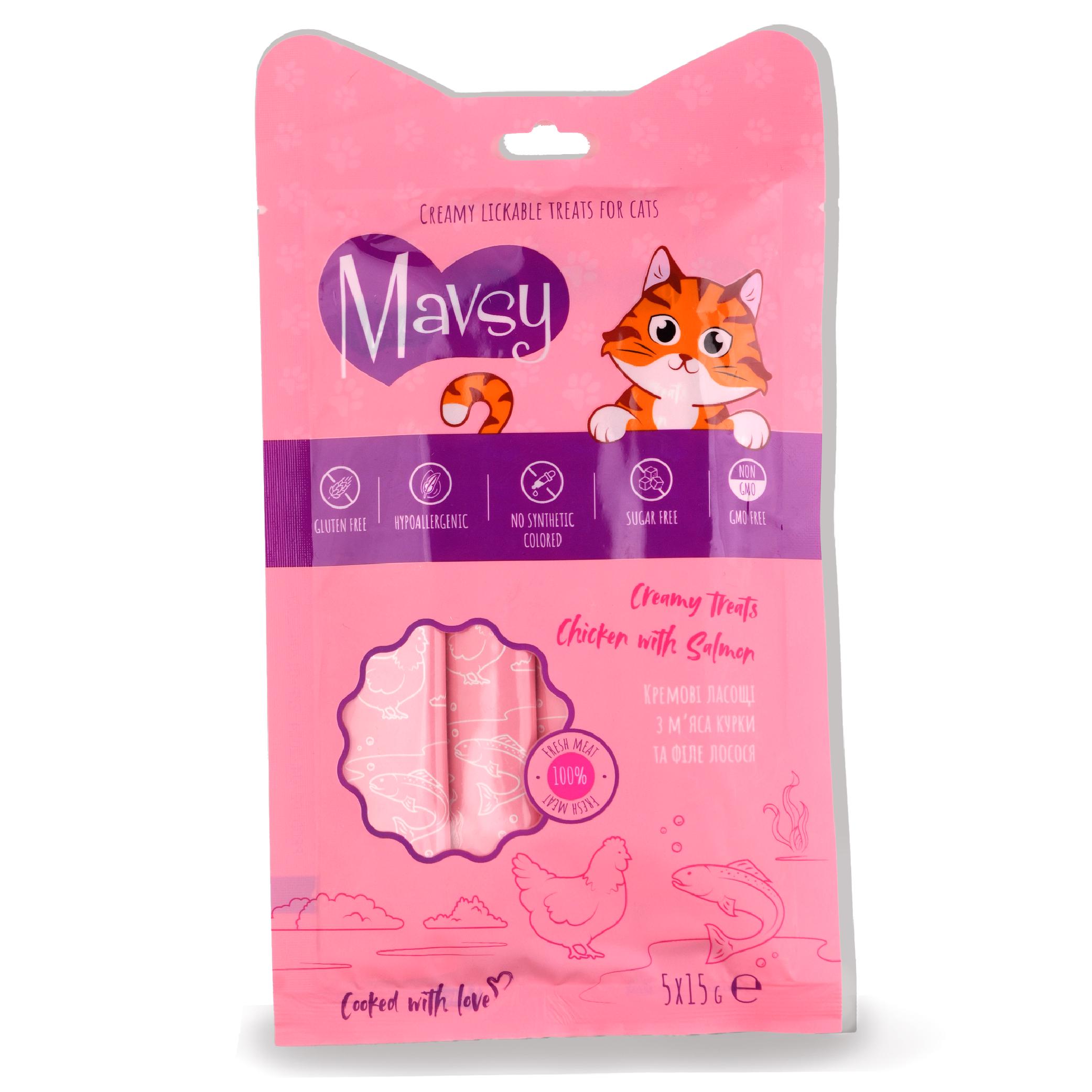 Ласощі кремові для котів Mavsy Creamy Lickable Treats Chicken with Salmon з м’яса курки та філе лосося 15 г 5 шт. (MAVSY03)