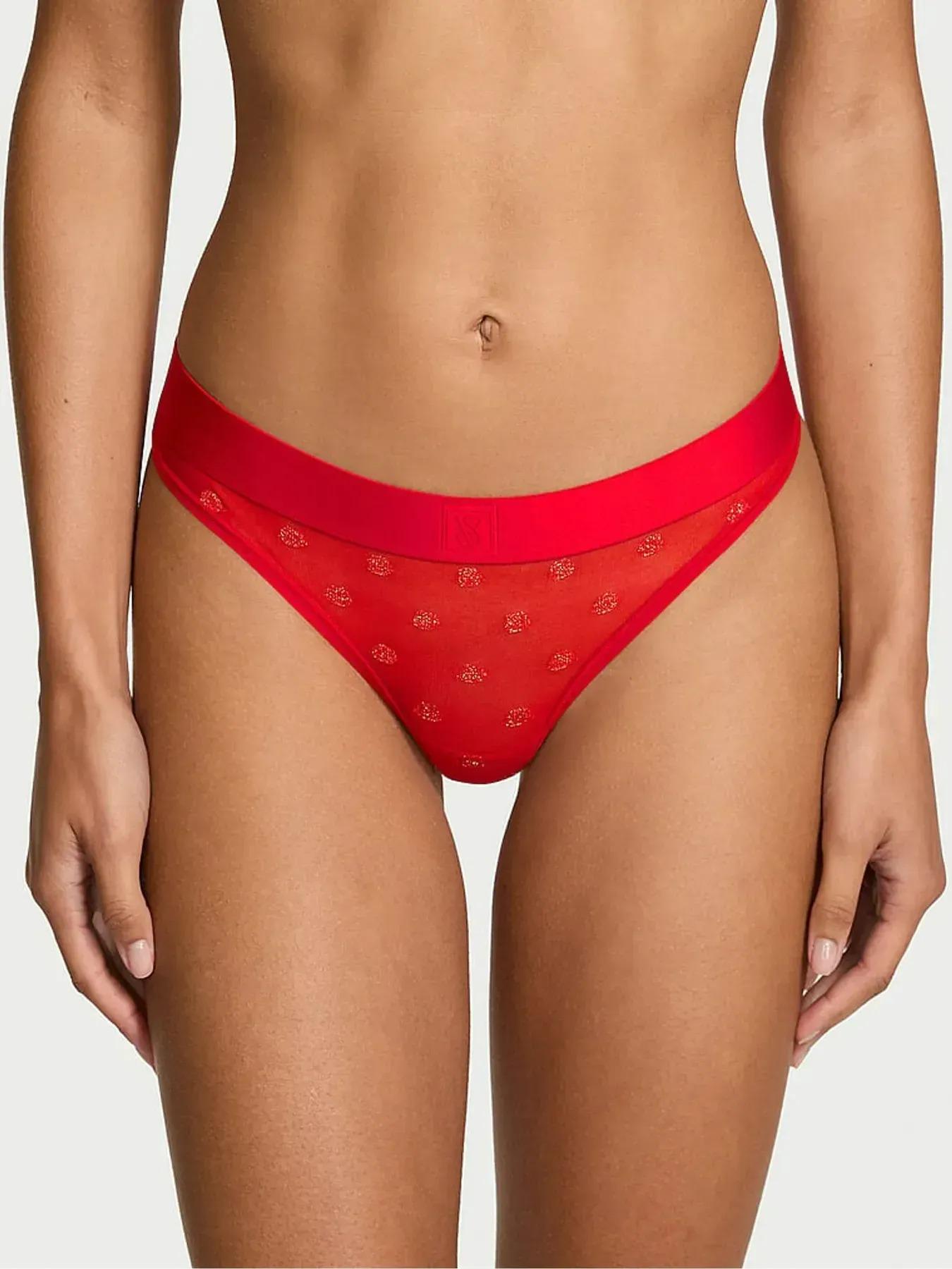 Трусики стринги Victoria's Secret Cotton Sheer Heritage Shimmer Thong Panty M Красный (27204281)