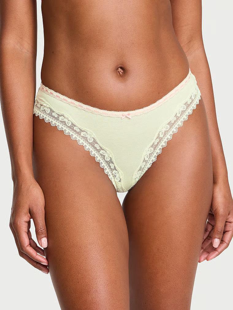 Трусики стринги Victoria's Secret Lace Trim Cotton Bow Lace-Trim Thong Panty M Зеленый (27184574)
