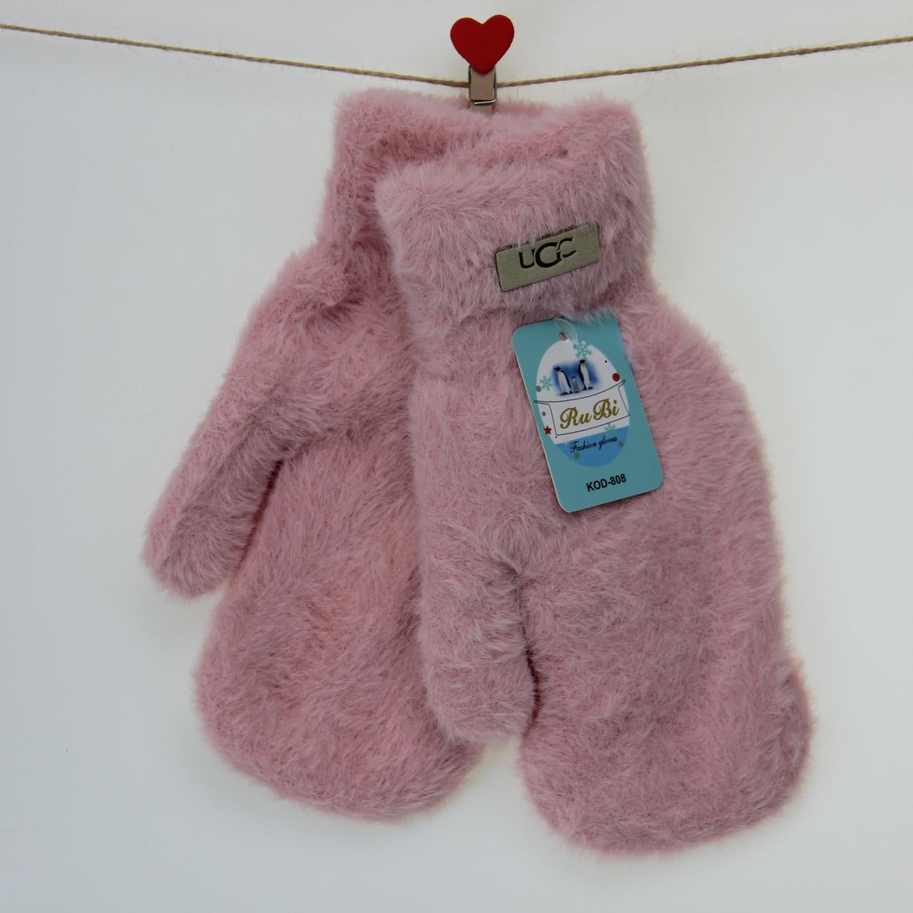 Перчатки женские шерстяные с мехом двойные Травка М Розовый (33910)