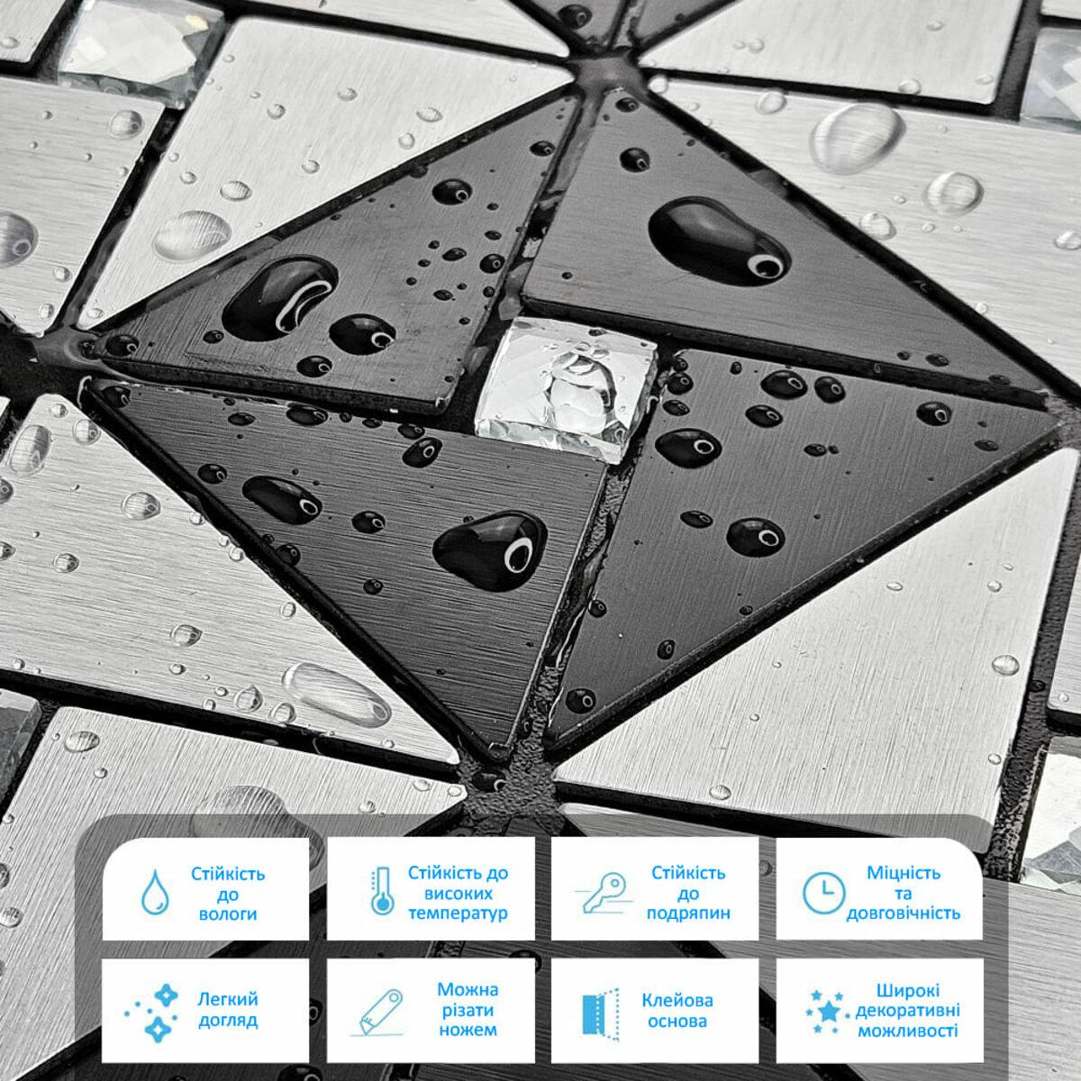 Плитка алюминиевая самоклеящаяся 300х300х3 мм Черно-серебряный со стразами (SW-00001773) - фото 4 Плитка алюминиевая самоклеящаяся 300х300х3 мм Черно-серебряный со стразами (SW-00001773) - фото 4