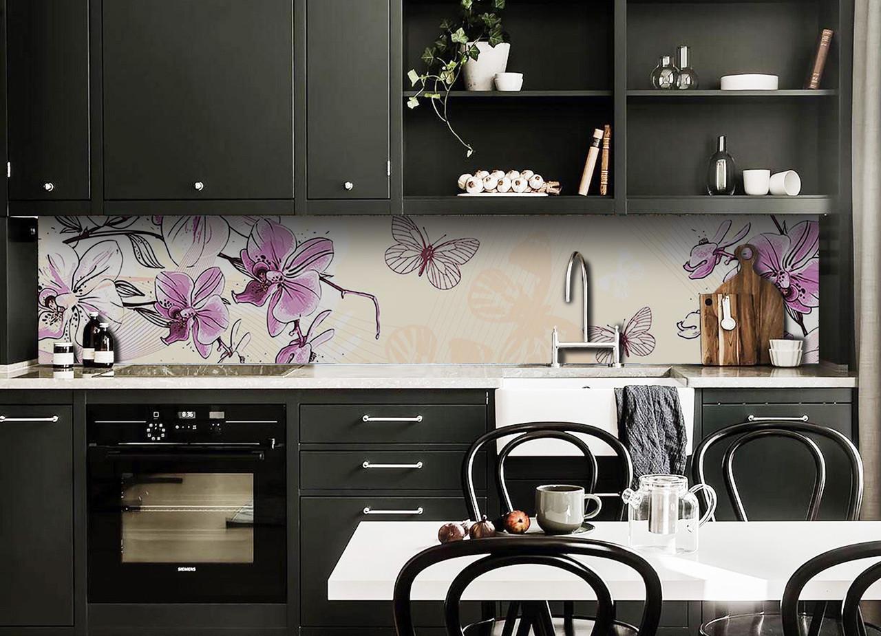 Кухонный фартук Нарисованные орхидеи бабочки из самоклеющейся виниловой пленки 65х250 см Бежевый Кухонный фартук Нарисованные орхидеи бабочки из самоклеющейся виниловой пленки 65х250 см Бежевый