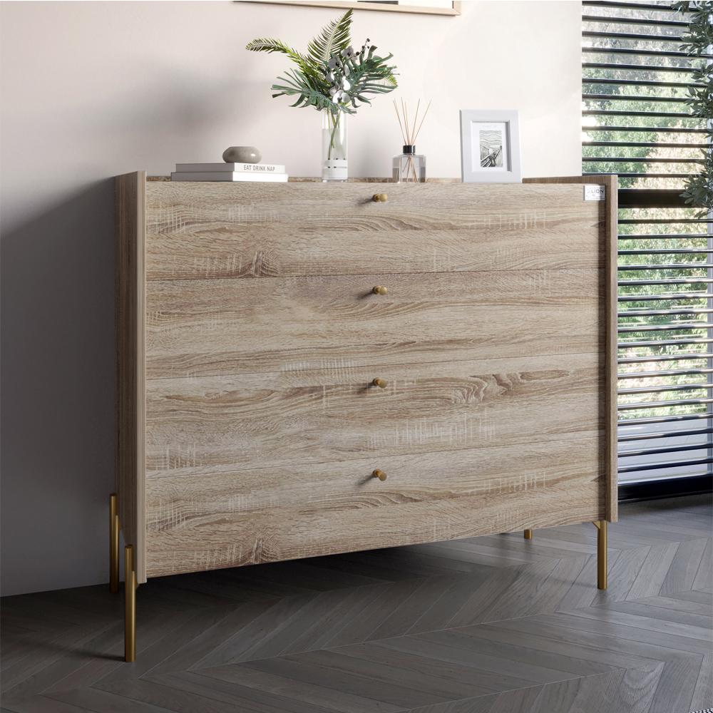 Комод с 4 ящиками Lion Wood с золотыми ножками 100х90х45 см Дуб Сонома Трюфель (000-000-1939) Комод с 4 ящиками Lion Wood с золотыми ножками 100х90х45 см Дуб Сонома Трюфель (000-000-1939)