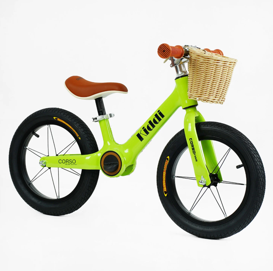 Біговел Corso KIDDI магнієва рама підставка для ніг/кошик гумові надувні колеса 14" Зелений (LT-14127)