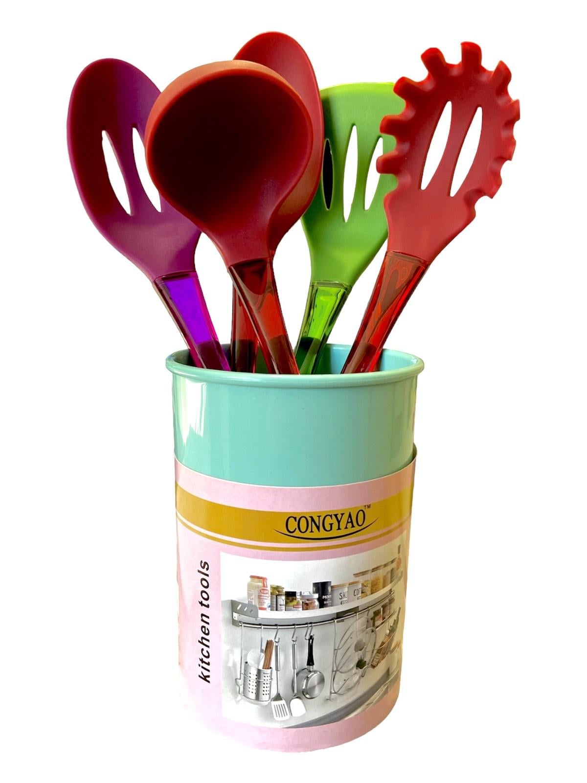 Набор для кухни Congyao Kitchen tools силиконовый кухонный 5 предметов с подставкой Голубой