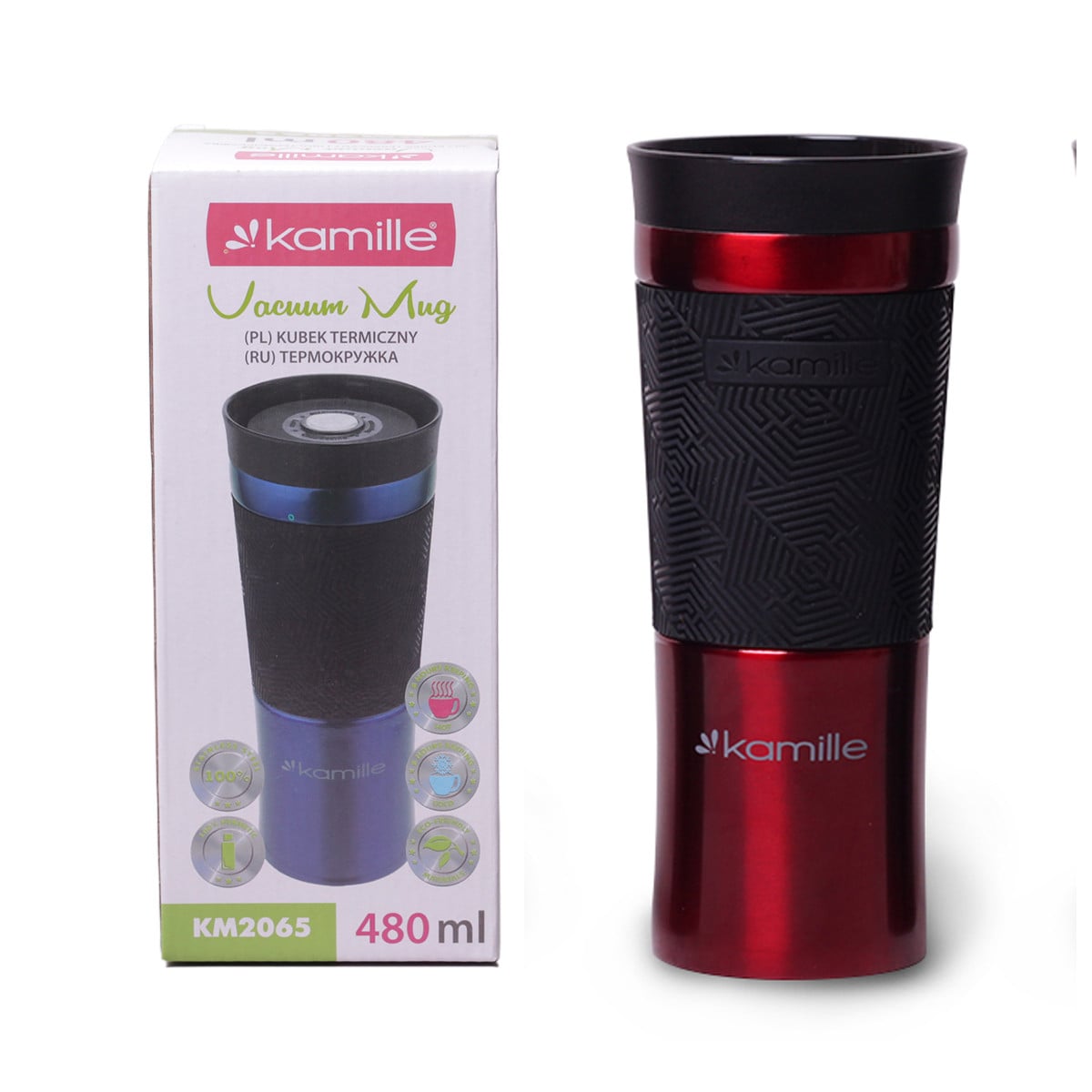 Термокружка Kamille 480 мл из нержавеющей стали с TPR-вставкой Красный KM-2065RD