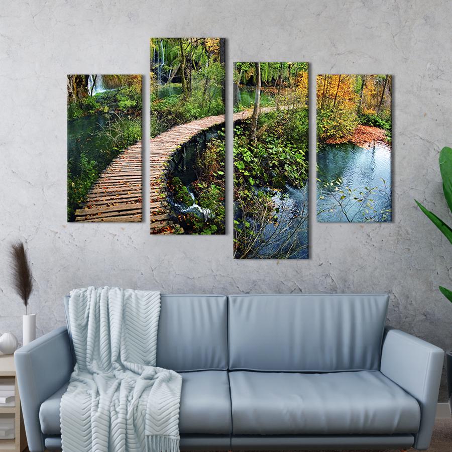 Модульная картина из четырех частей на холсте интерьерная картина Деревяный мостик над лесным прудом 89x56 см (550-42)