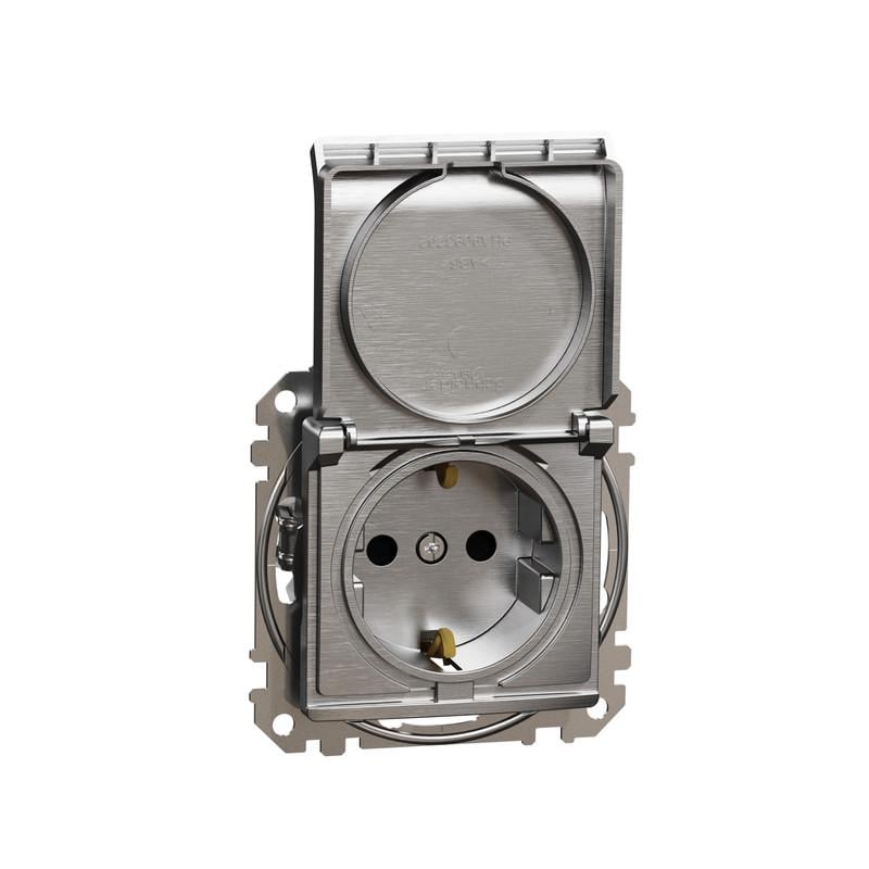 Розетка Schneider Electric ABS-UV Sedna Design&Element с заземлением с шторками и крышкой Алюминий (SDD170024)