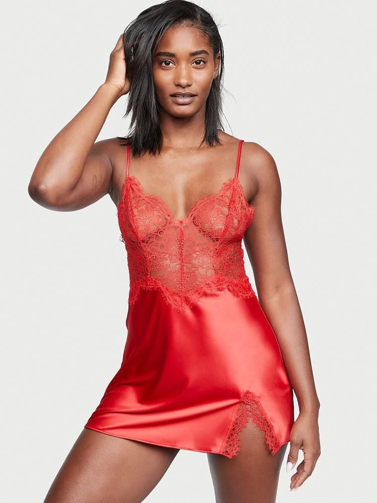 Сорочка нічна сатинова Victoria's Secret з мереживом XS Червоний