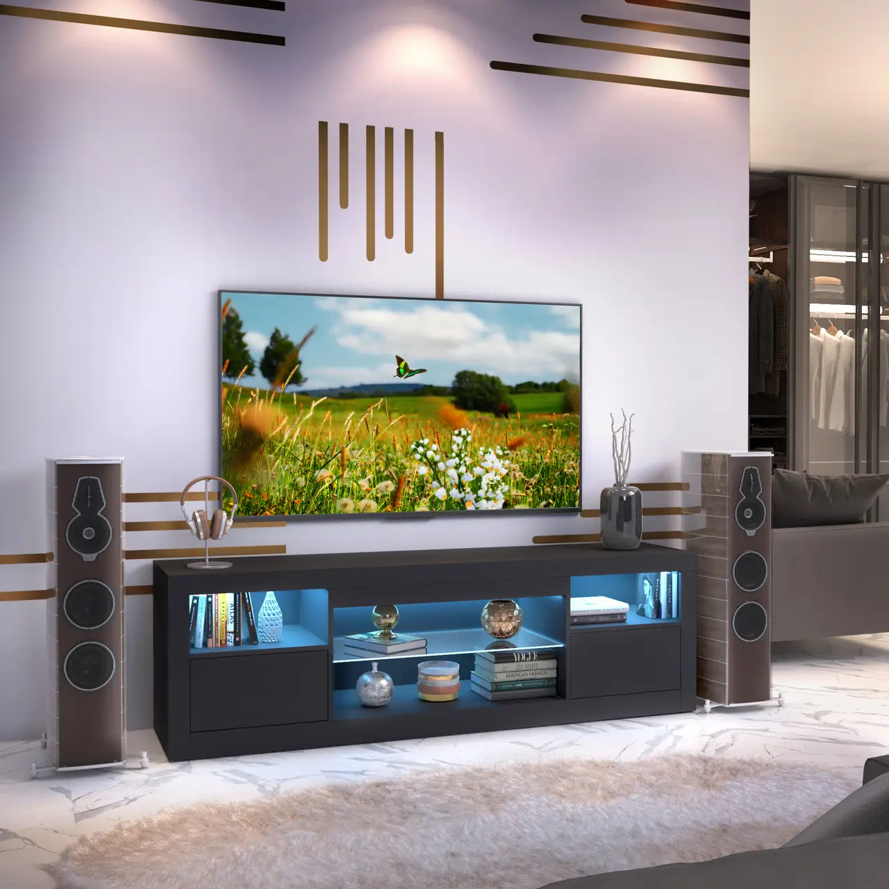 Тумба под ТВ Artos Design Pride из ламинированной ДСП/стекло 550х410х1800 мм Черный матовый (49359)