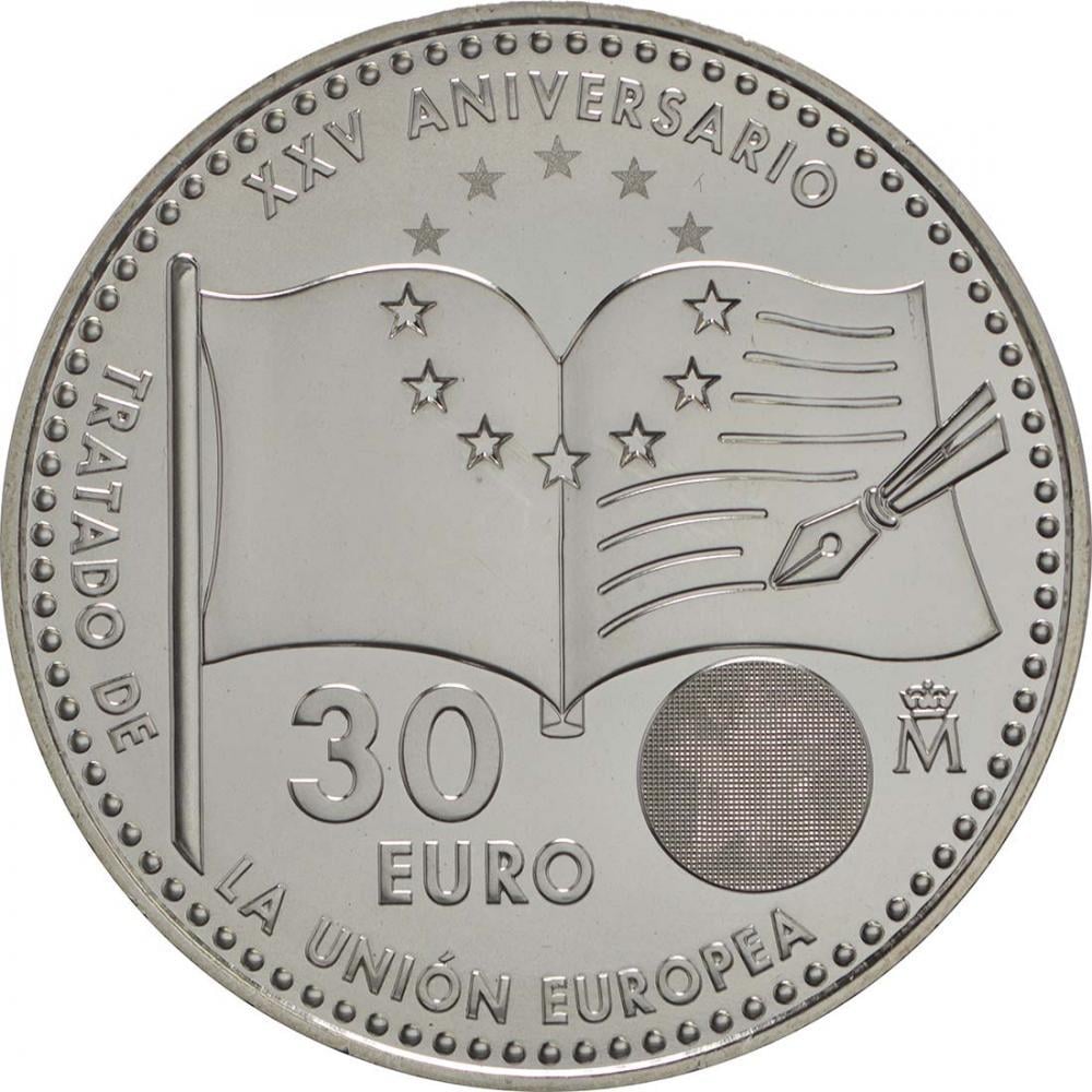 Коллекционная монета Испания 30 евро 2017 Серебро UNC 25 лет договора о Европейском Союзе М08587 (15388085)