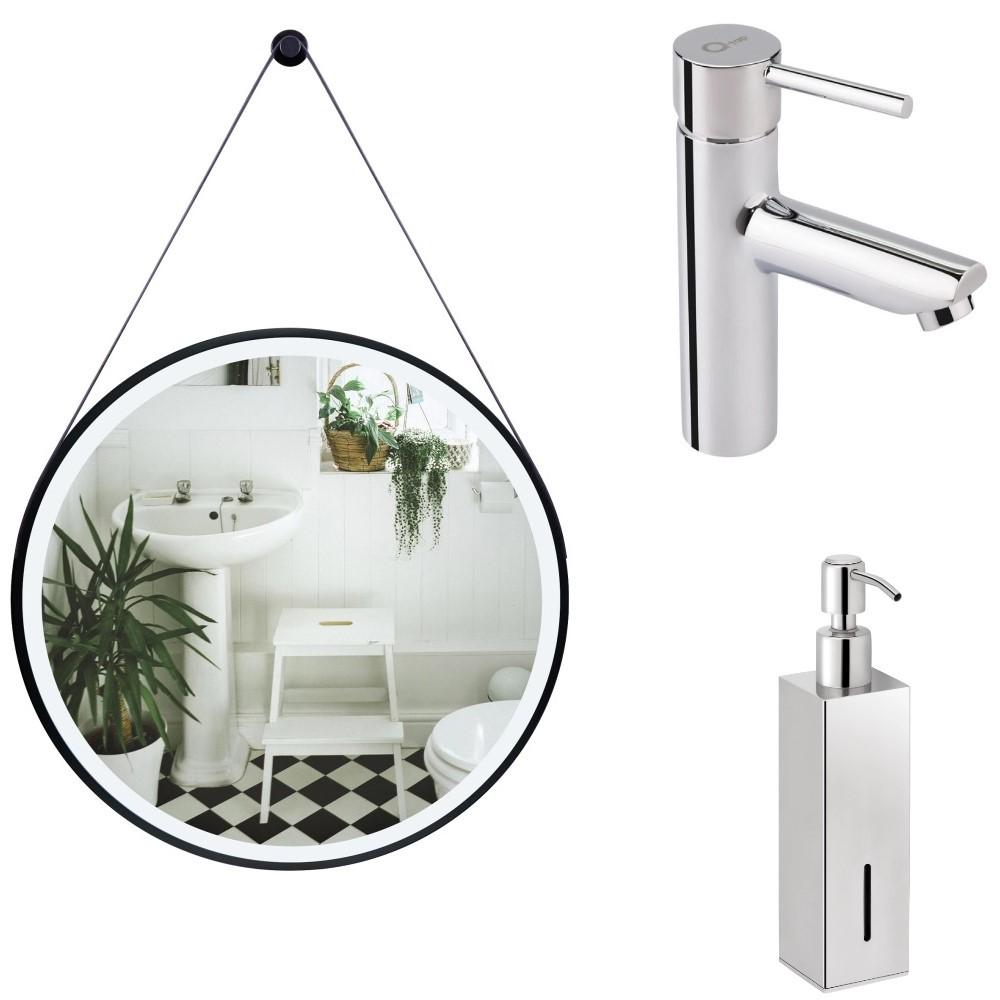 Зеркало круглое светодиодное Q-tap LED R600 мм Black/смеситель для раковины/дозатор жидкого мыла