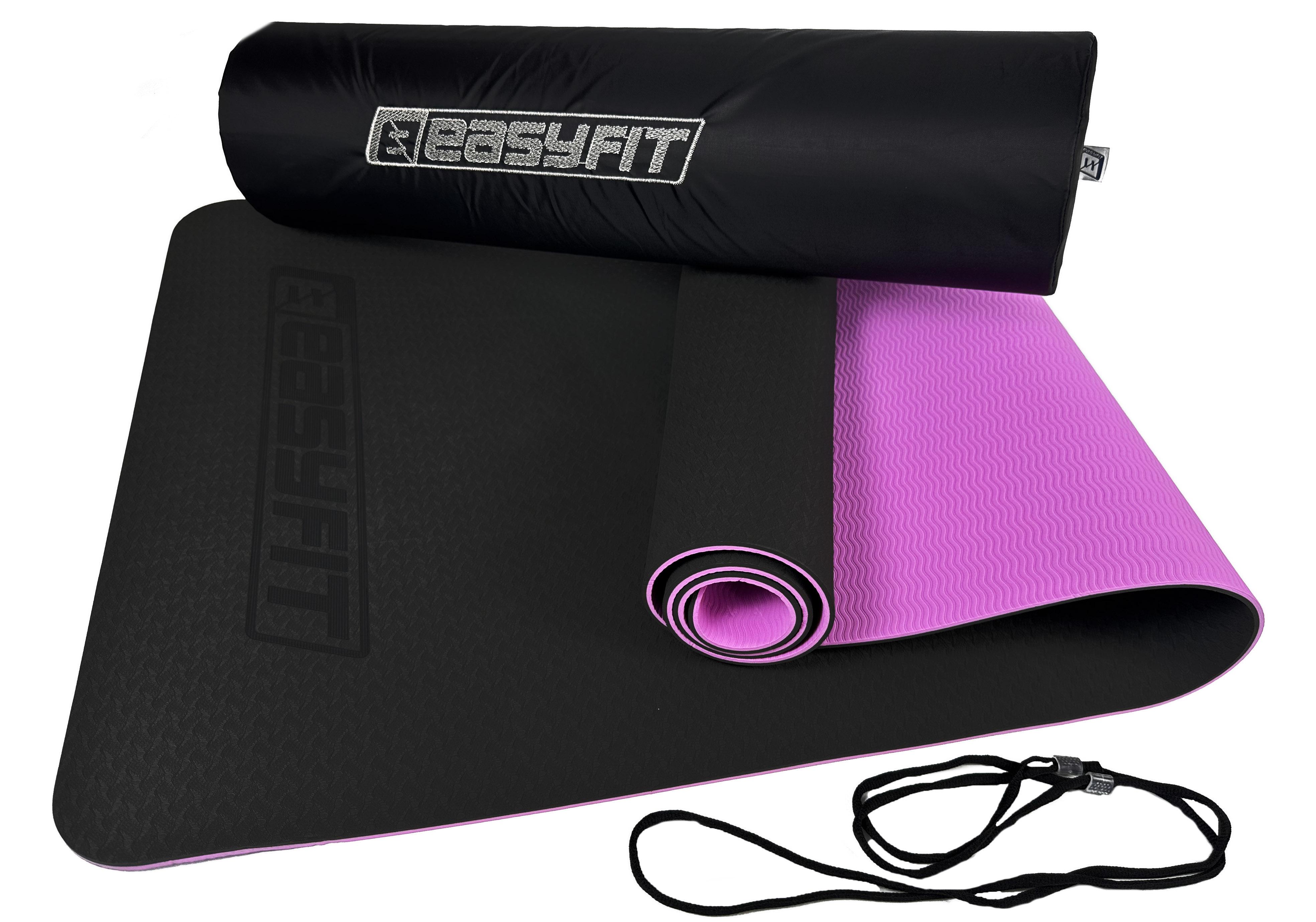 Коврик для йоги и фитнеса EasyFit TPE+TC двухслойный с чехлом 6 мм Черный/Фиолетовый