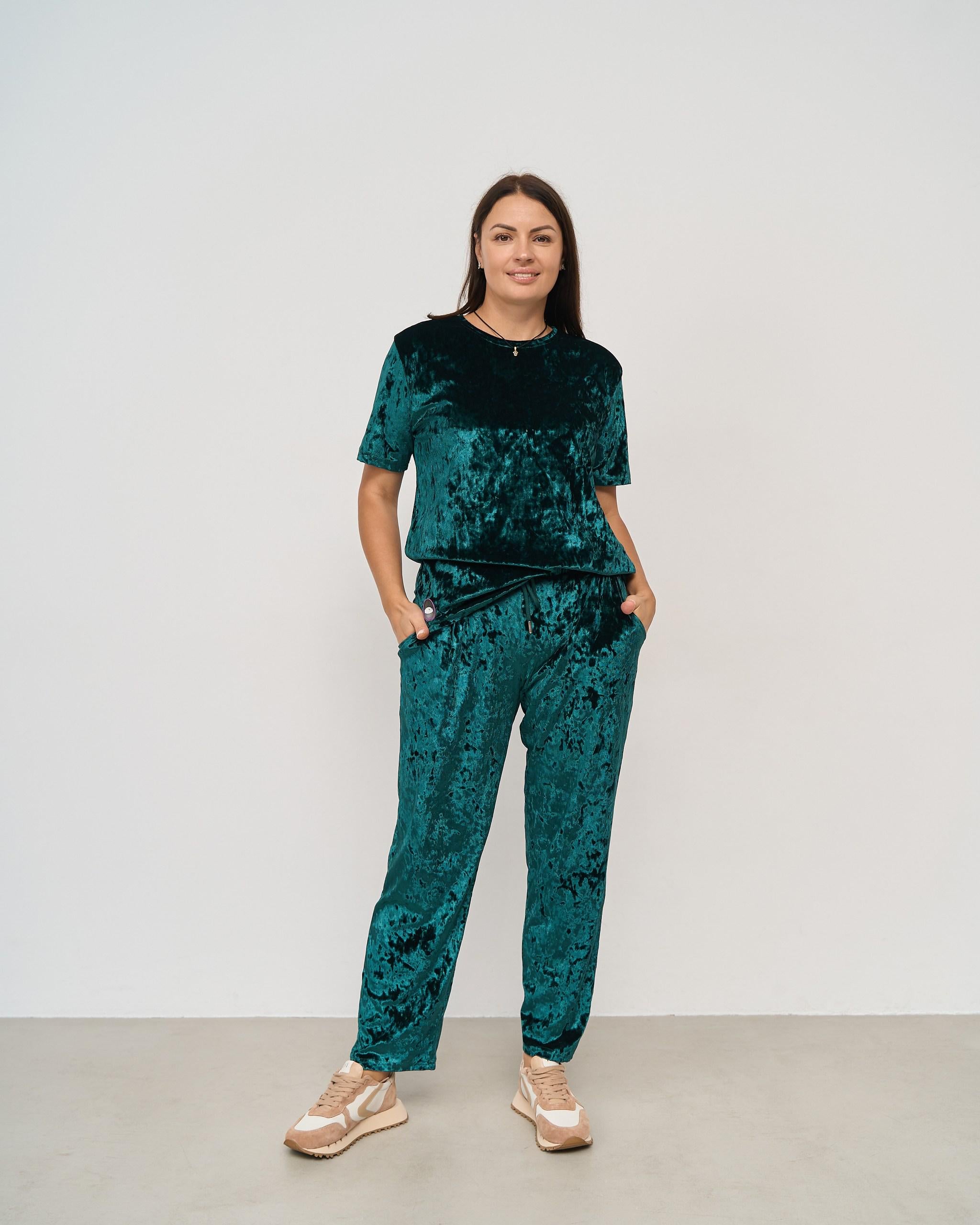 Пижама с брюками из мраморного велюра батал 2XL Зеленый (87908)