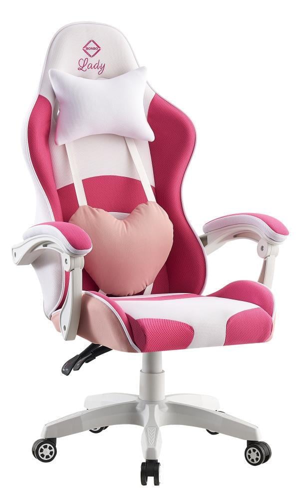 Кресло геймерское Bonro Lady 807 из экокожи на колесиках с подушками под поясницу и голову Розово-белый (132-76-42300098)
