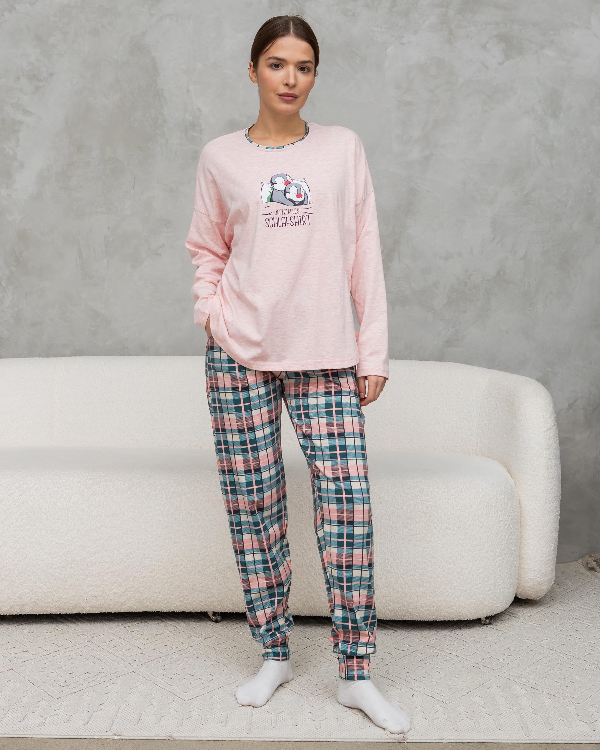 Комплект жіночий зі штанами в клітинку Сплячі пінгвіни offizielles schlafshirt 96828 S Світло-персиковий