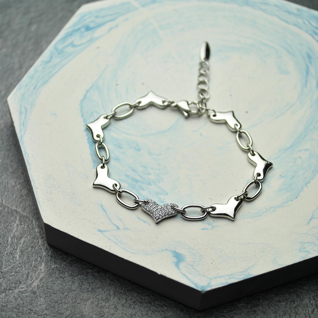 Браслет сердце с фианитами медицинская сталь родий (x143-1)