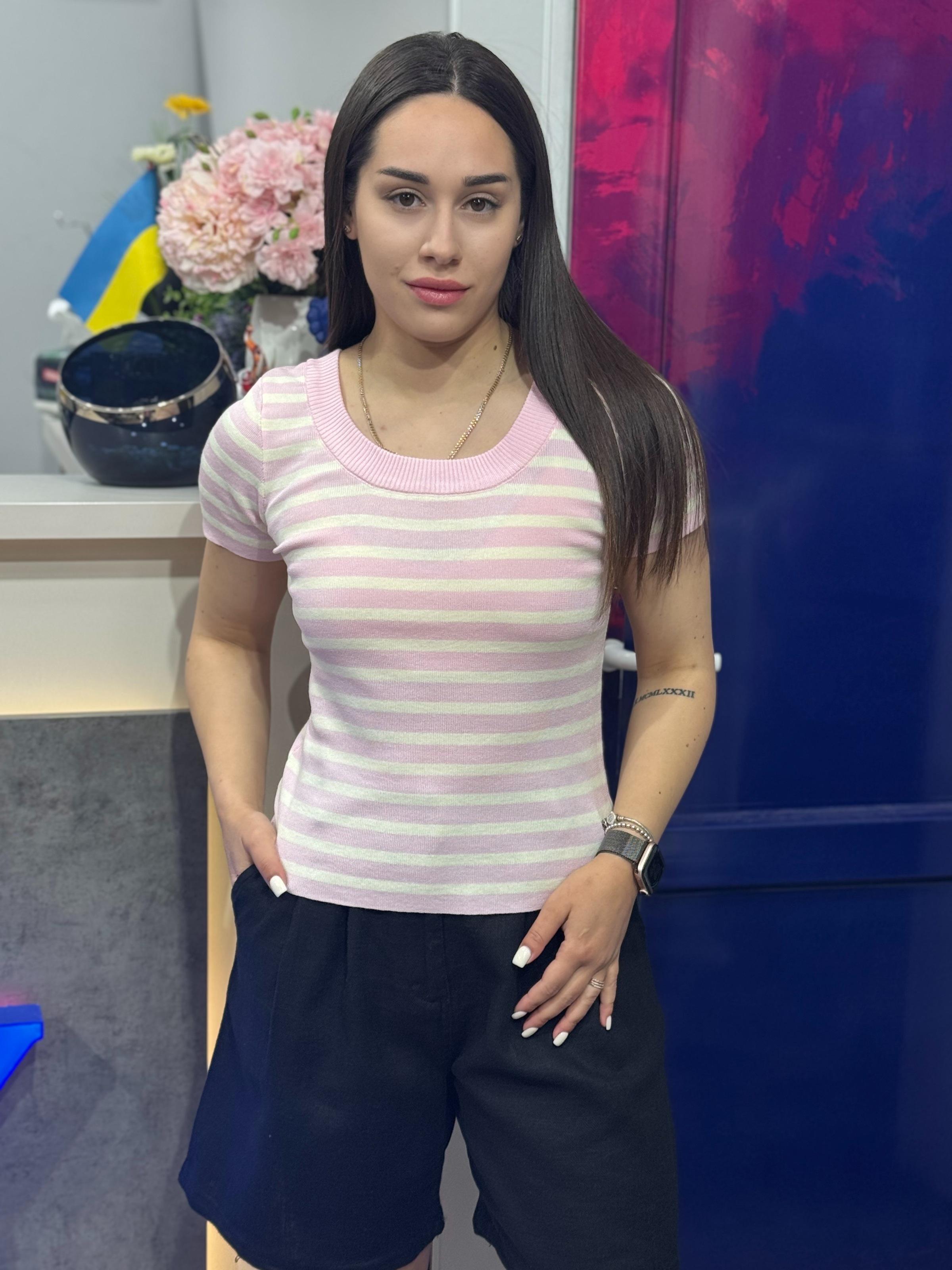 Футболка женская в полоску с круглым вырезом OS Розовый (#8959-02)