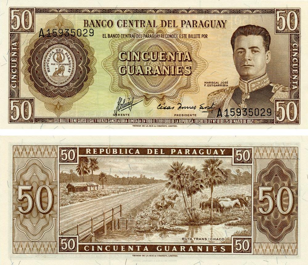 Коллекционная банкнота Парагвай 50 Гуарани 1952 года UNC P197b (Б17135)