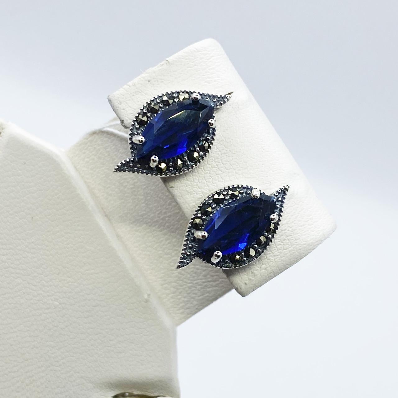 Серьги серебряные с сапфиром и марказитом 5 г (2043137926)