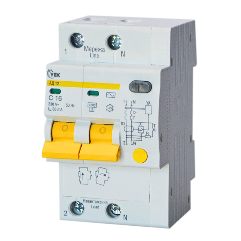Выключатель дифференциальный УEK АД12 2P 16A 30мА C тип АС (MAD10-2-016-C-030-U)