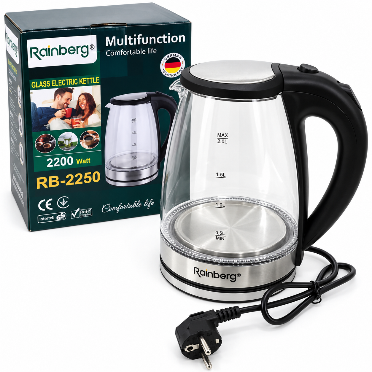 Электрочайник стеклянный Rainberg RB-2250 с LED-подсветкой 1,8 л 2200 Вт Прозрачный с черным (ML-06653)