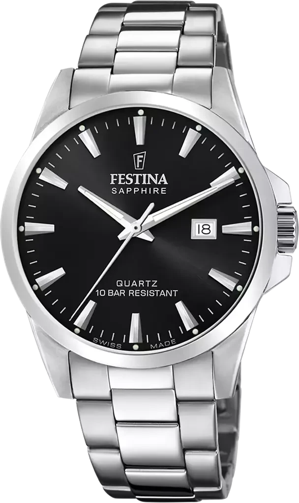 Наручные часы мужские Festina F20024/4 Classics Swiss Made со стальным корпусом/сапфировым стеклом WR 100 м и черным циферблатом