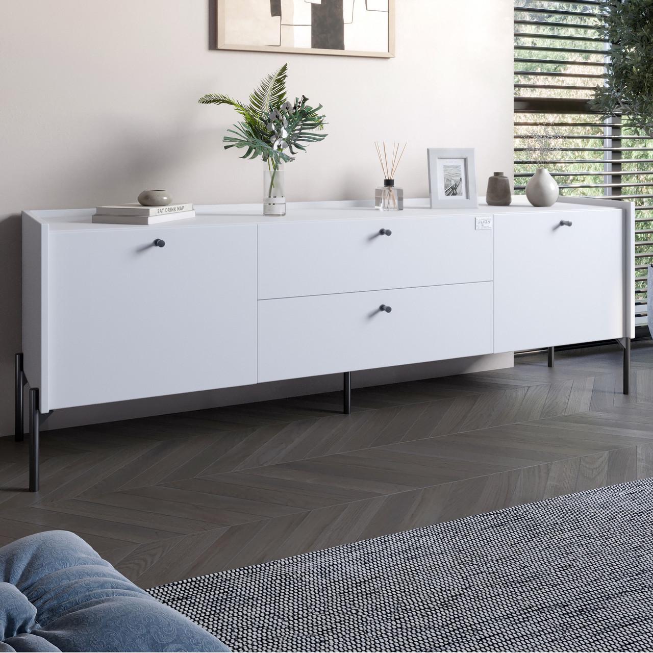 Тумба под телевизор с ящиками Lion Wood с черными ножками 180х50х40 см Нимфея Альба белый (Lion-043132)