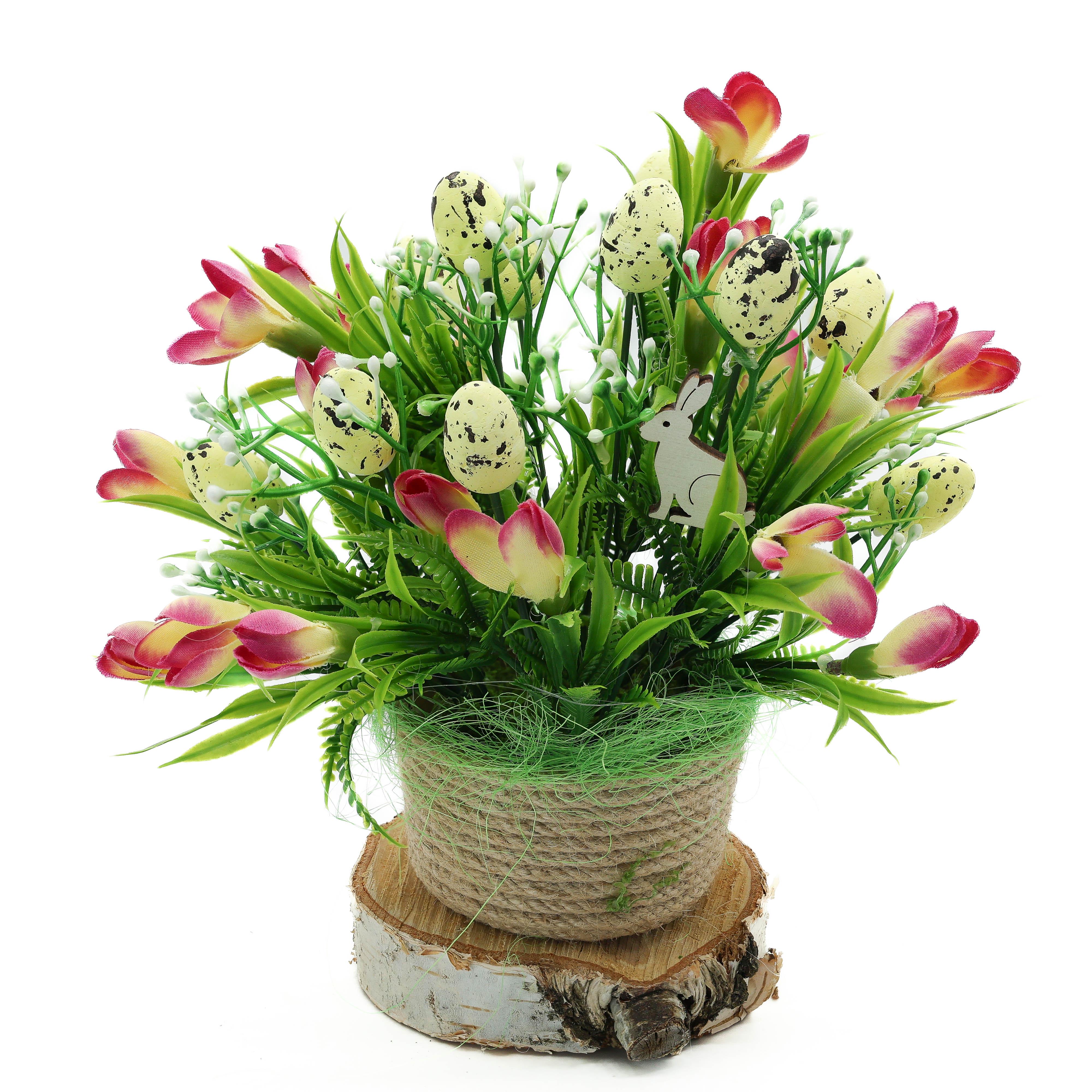 Пасхальная композиция ДАЙС из искусственных розовых цветов и яиц на спиле 15х20 см (КС1520Р)