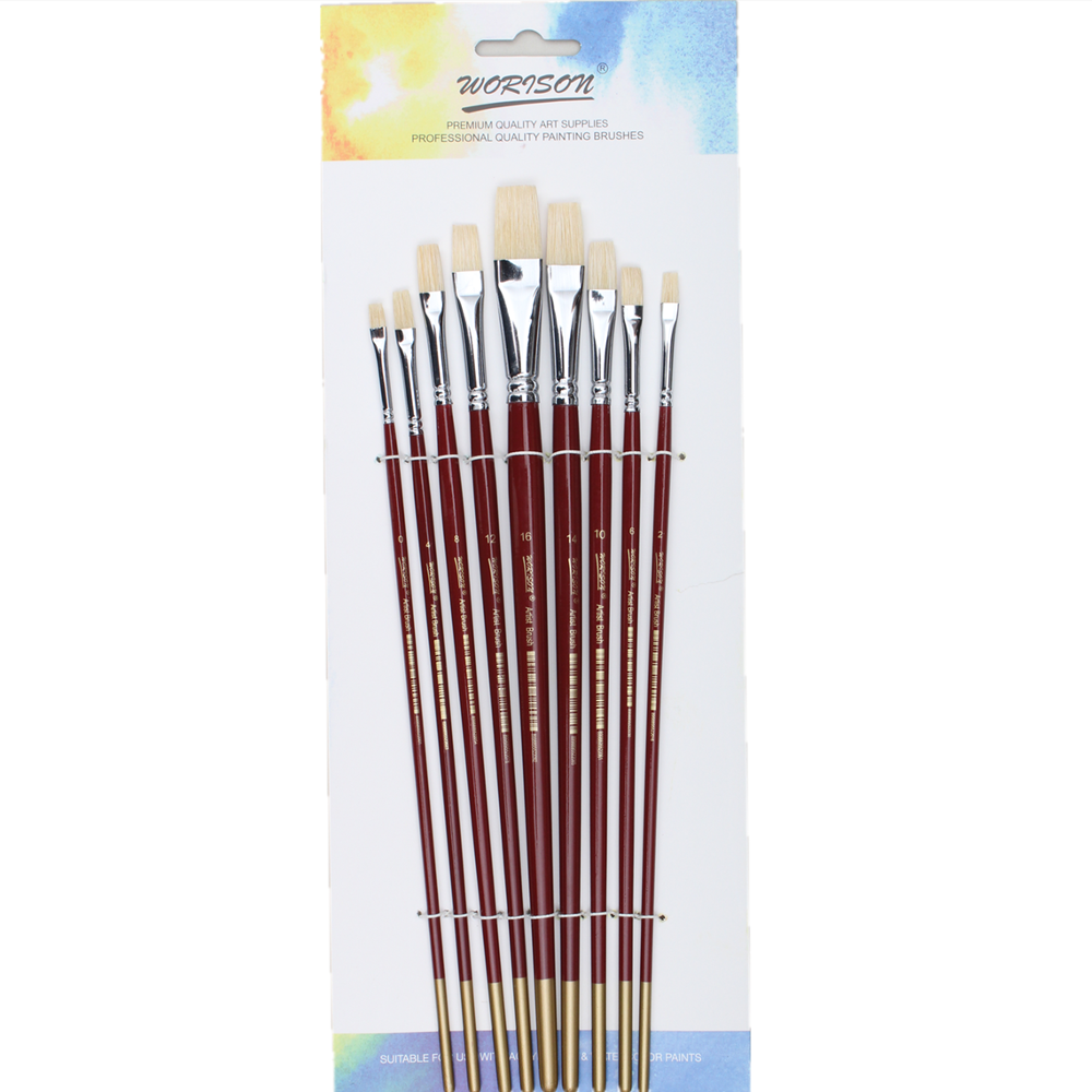 Набор художественных кистей из синтетики Worison плоские с длинной ручкой 9 шт.