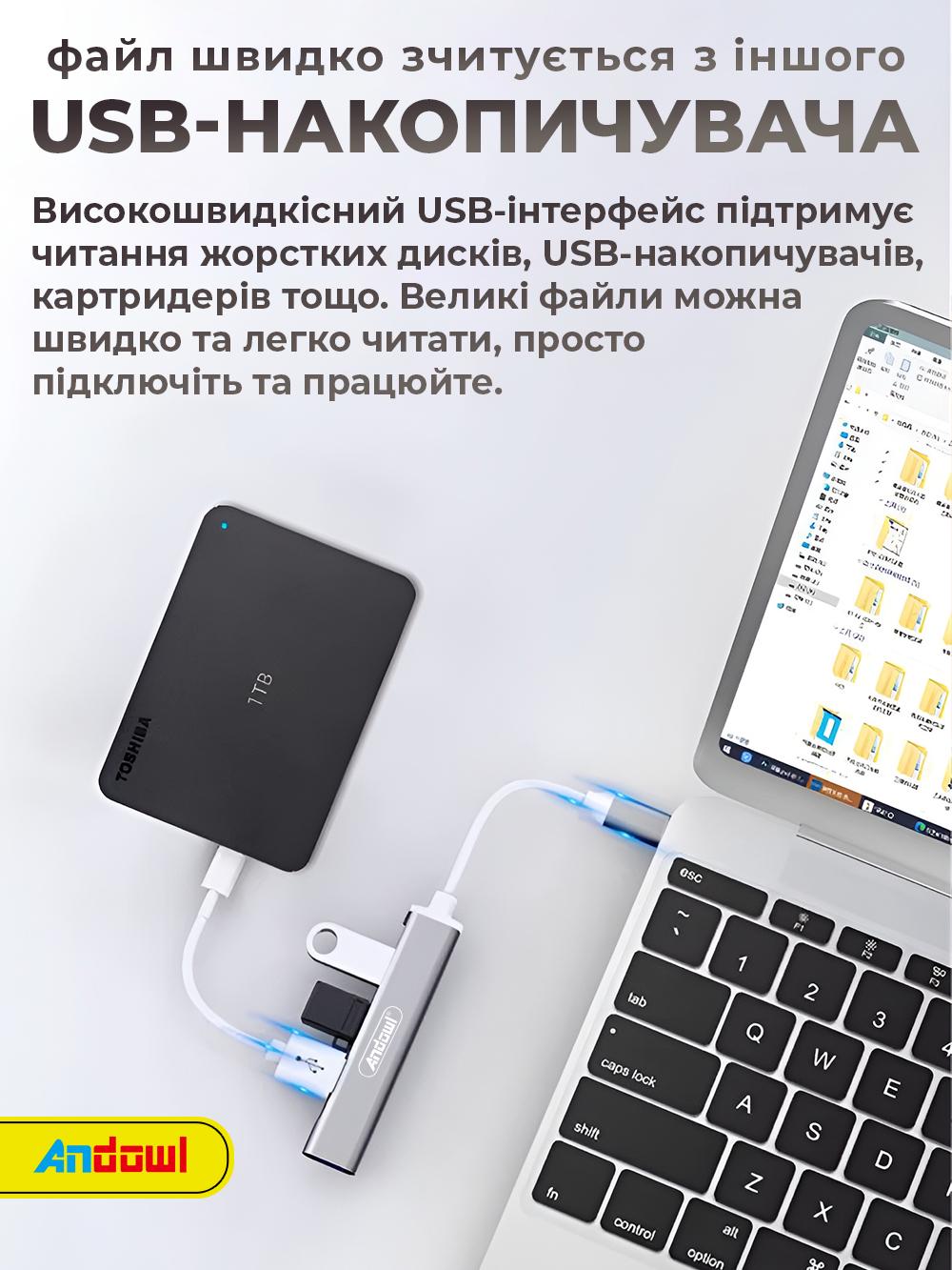 Хаб Andowl Q-HU1AX1 Type-c на 4 порта USB 3.0 Серый (e25a6af2) - фото 7