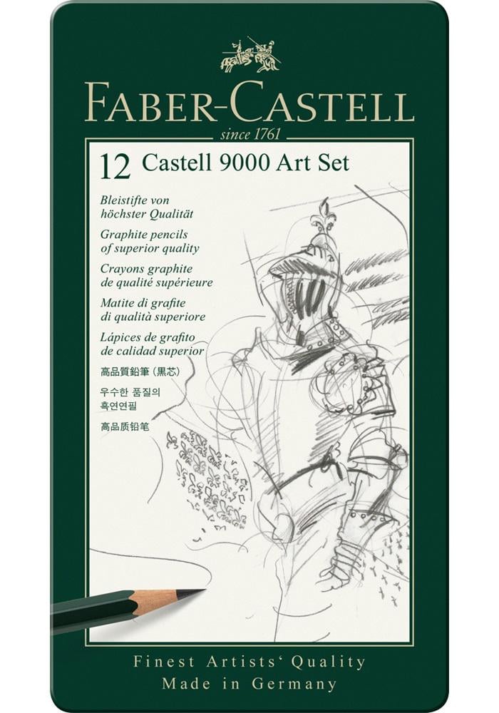 Набор чернографитных карандашей Faber-Castell 2Н-8В CASTELL 9000 металлический пенал 12 шт. (119065)
