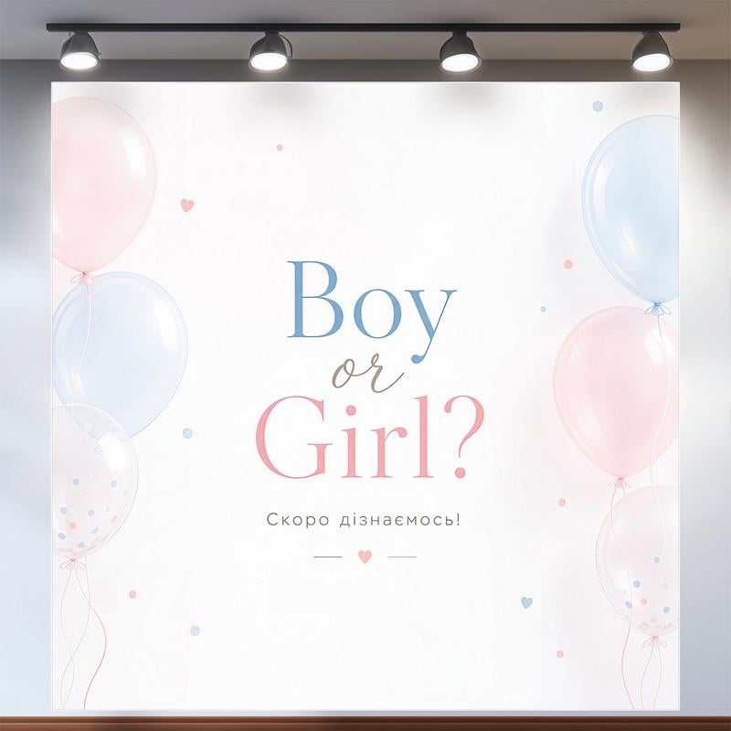 Элегантный баннер для фотозоны Boy or Girl нежный дизайн с шариками 120x120см, №48509 Элегантный баннер для фотозоны Boy or Girl нежный дизайн с шариками 120x120см, №48509