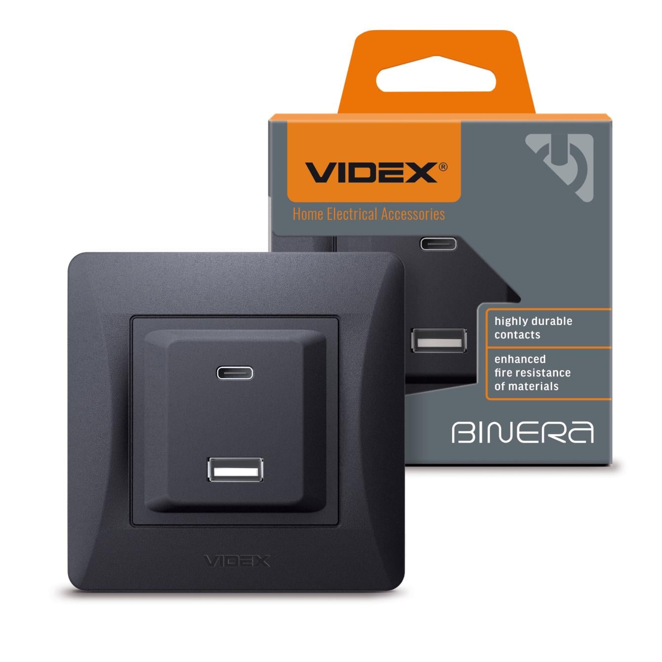 Розетка Videx BINERA USB-A/USB-C PD20W Чорний графіт (24258) Розетка Videx BINERA USB-A/USB-C PD20W Чорний графіт (24258)