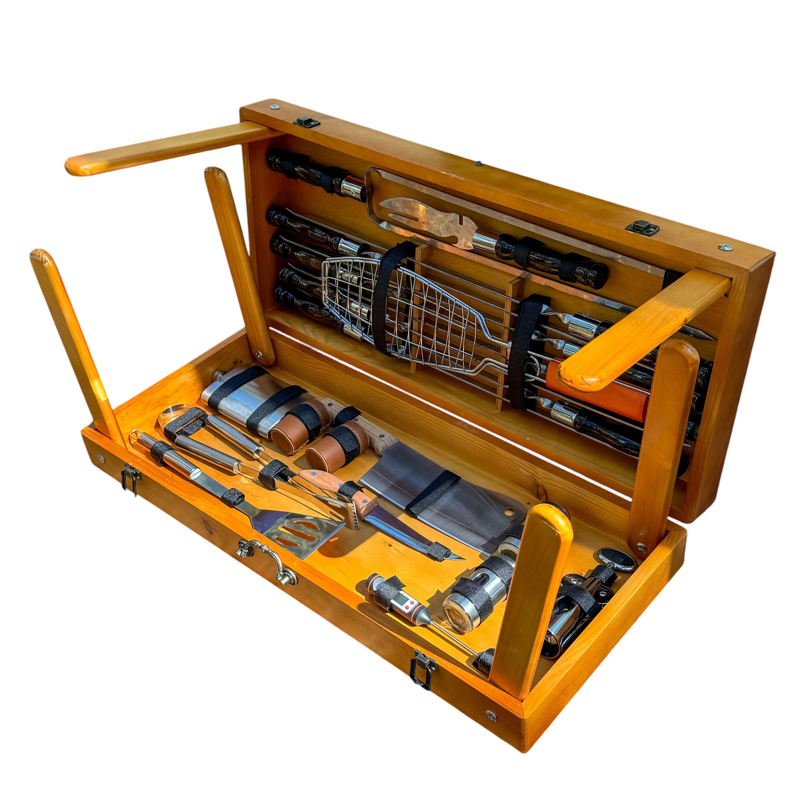 Набор шампуров с аксессуарами Mzavod Мастер Гриль из нержавеющей стали в деревянном кейсе-столе 680x300x110 мм Светлый (136-17-1191610000807)