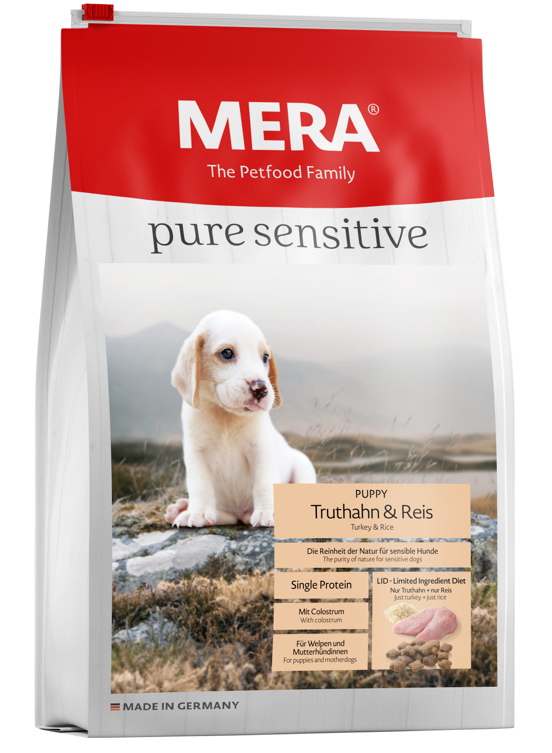 Сухий корм для цуценят і годуючих для собак MERA Pure Sensitive з індичкою та рисом 12,5 кг