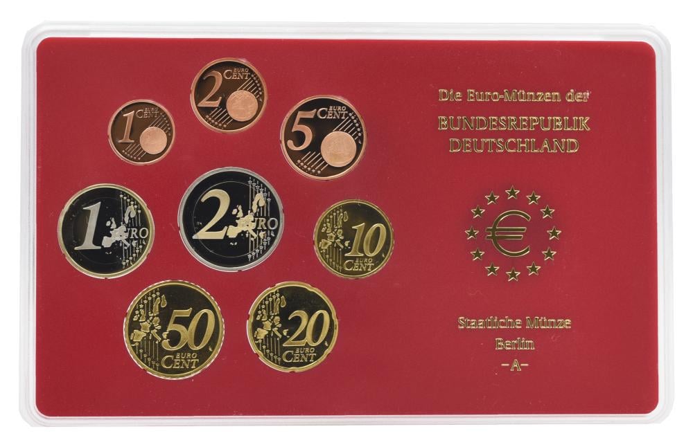 Коллекционные монеты Германия набор из 8 монет евро 2004 UNC A 1/2/5/10/20/50 евроцентов 1/2 евро в сувенирной упаковке (М22732)