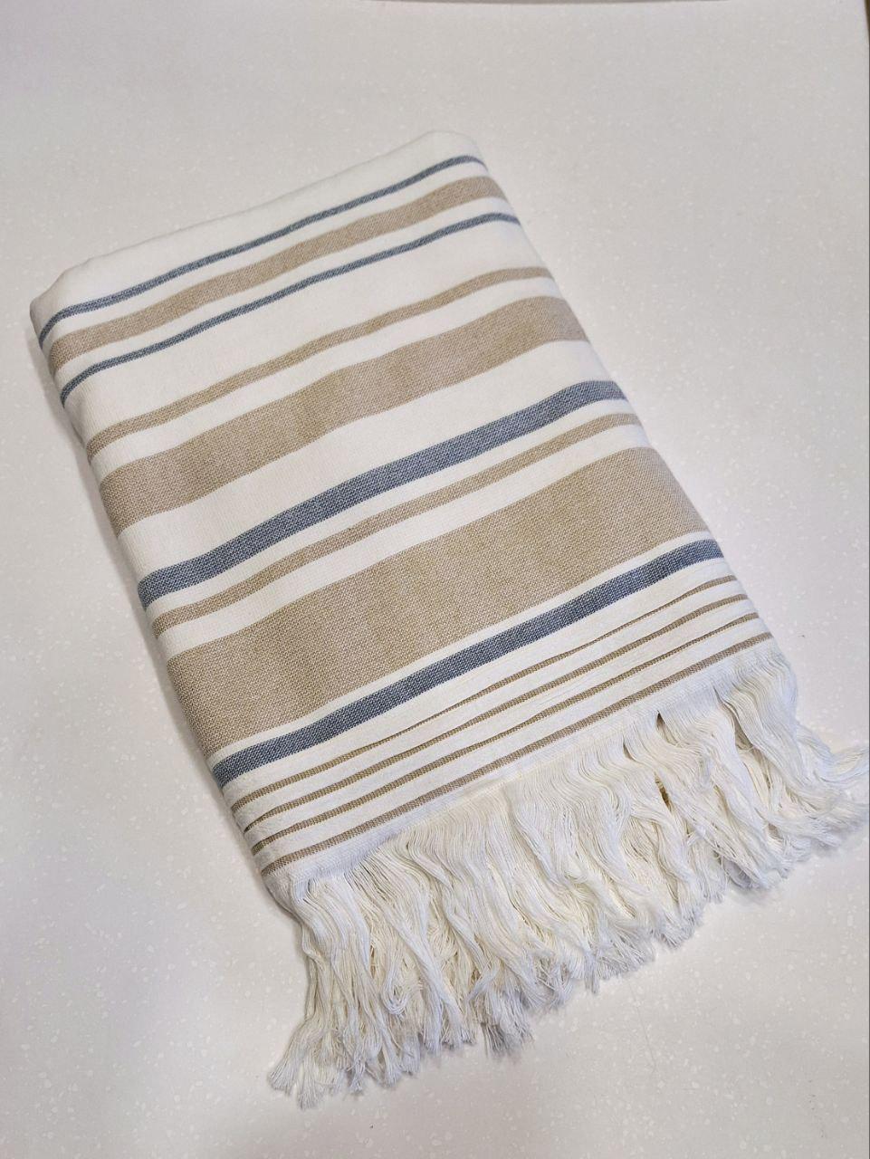 Рушник махровий пляжний Пештемаль 100х150 см Молочний/Бежевий/Синій (1078)